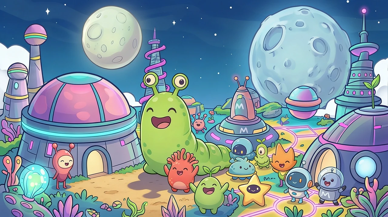 A colourful imaginary planet full of friendly characters and places to explore
